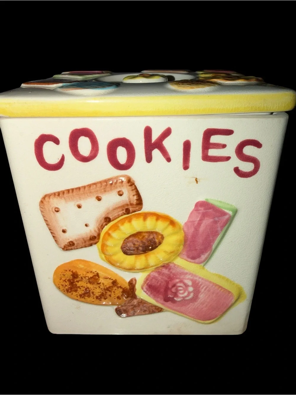 Vintage Retro Japan Cookies Ceramic Cookie Jar - White and Yellow